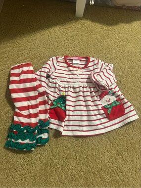 Girls Red and White Striped Christmas Set with Green Accents